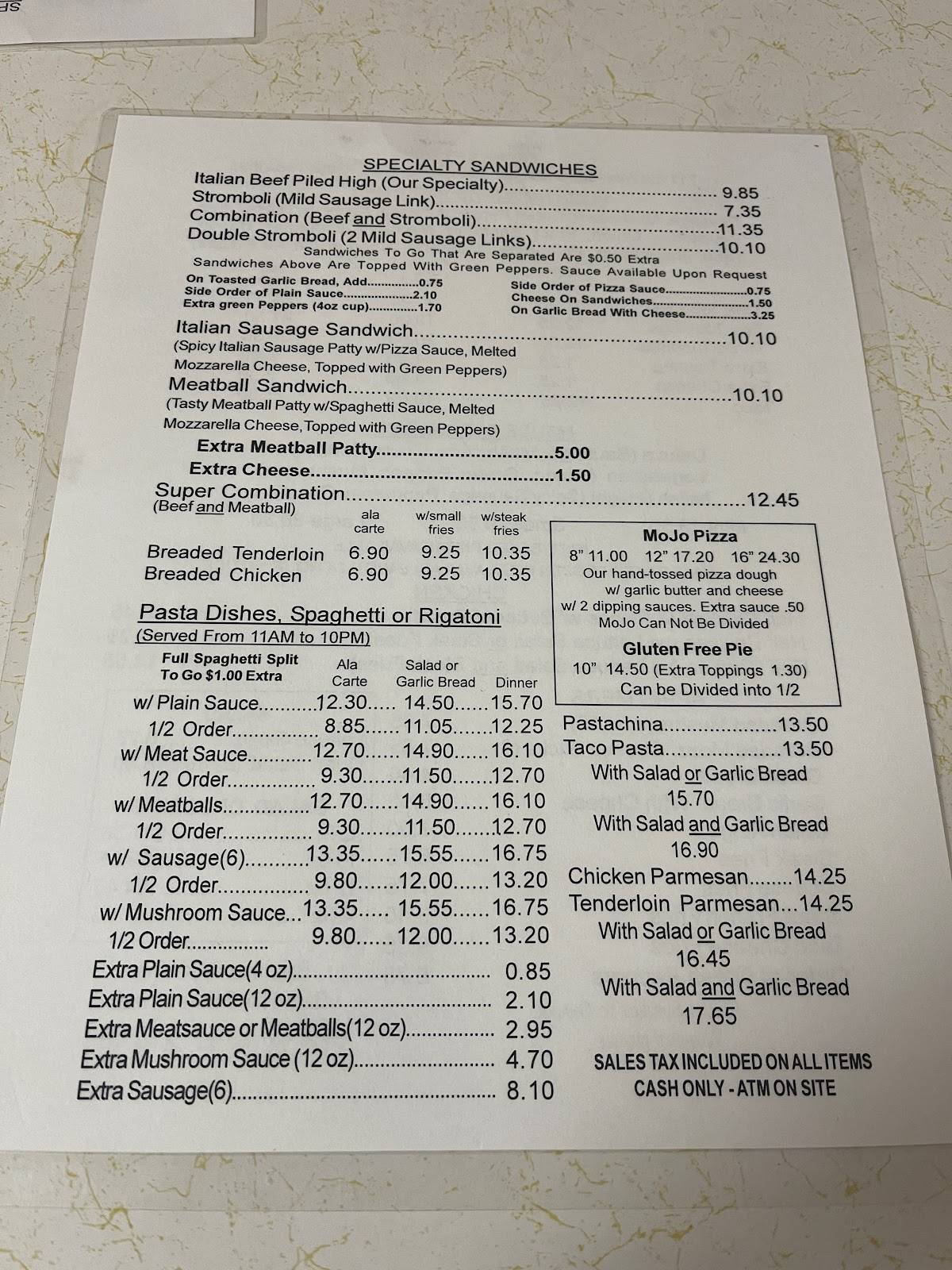 Menu at Frank's Pizzeria, Silvis