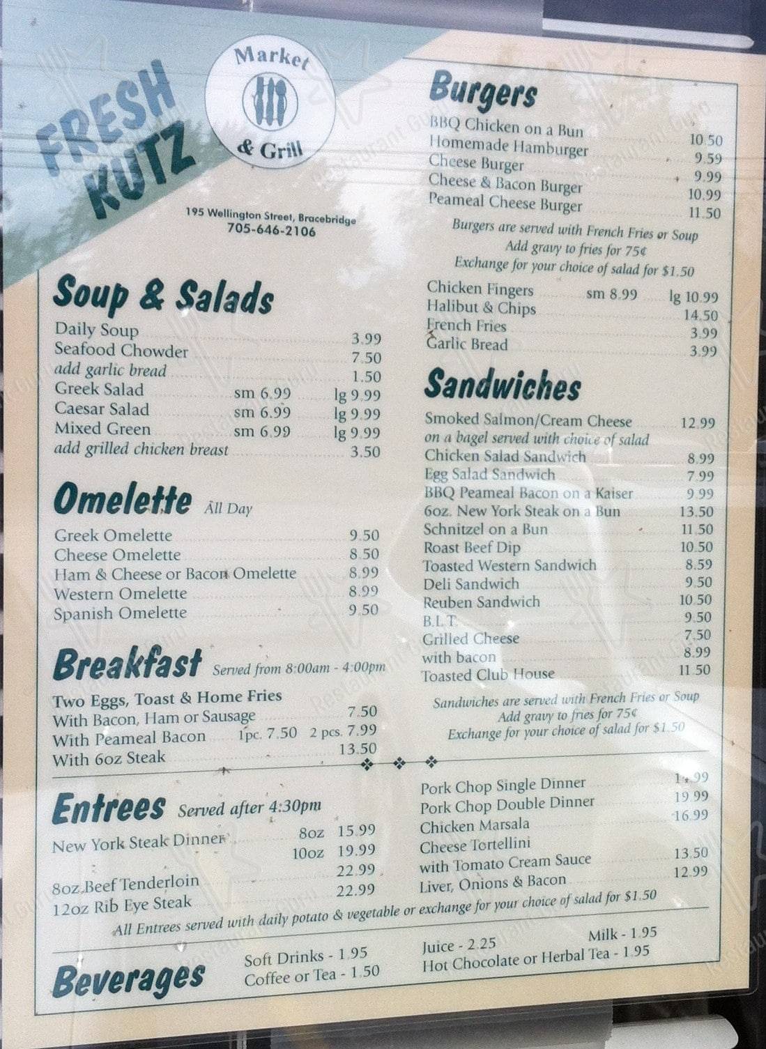 Menu at Fresh Kutz Market & Grill restaurant, Bracebridge