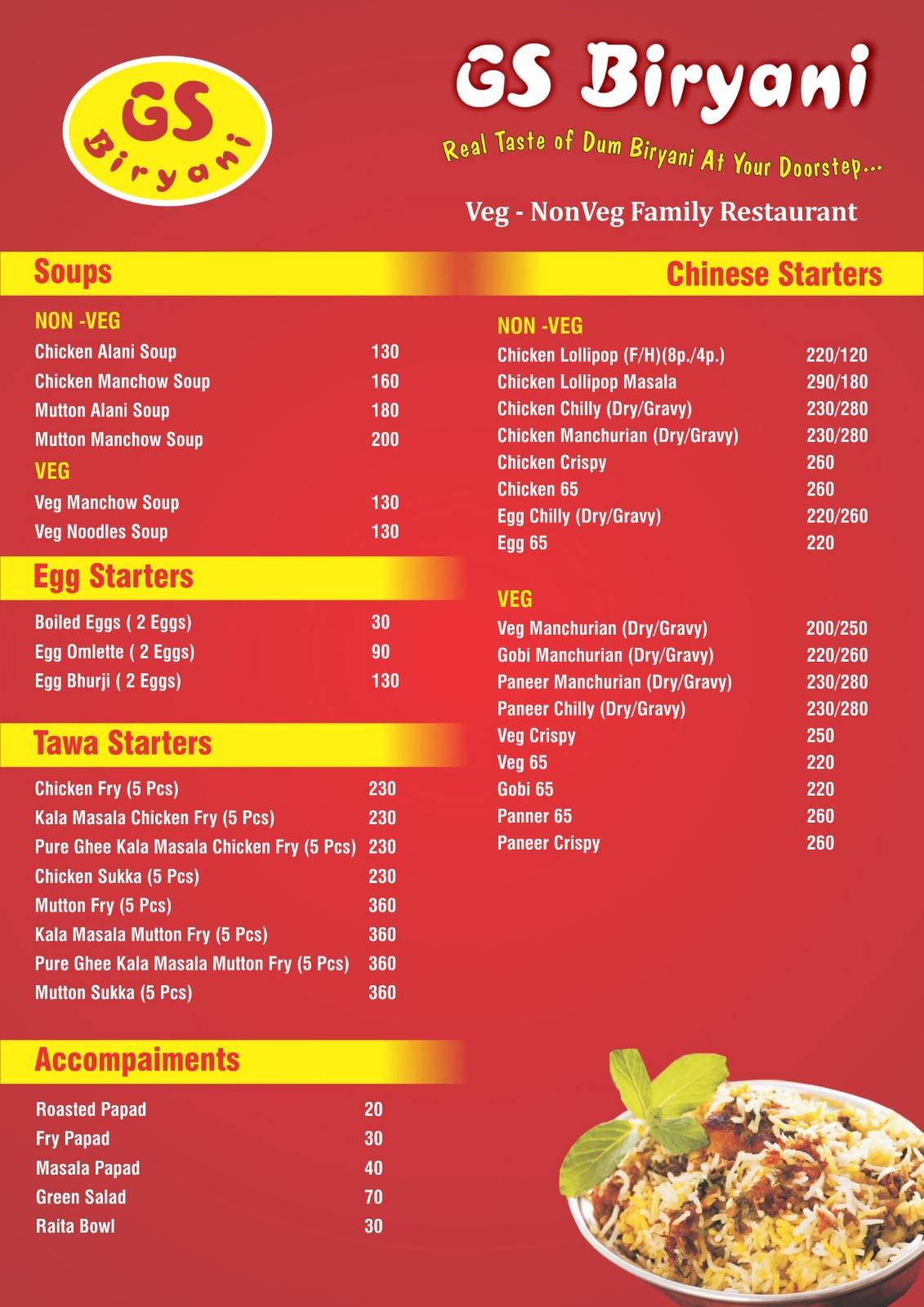 GS Biryani menu