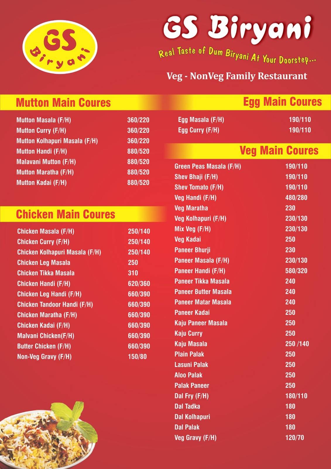 GS Biryani menu