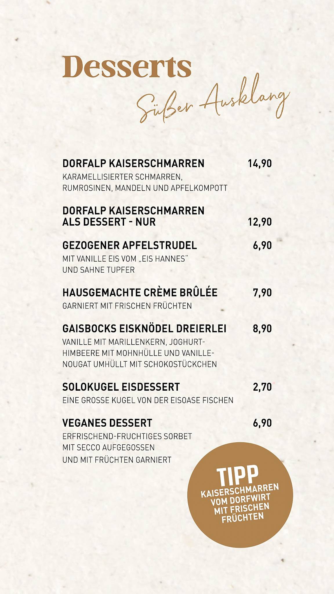 Menu de Gaisbock die Dorfalpe