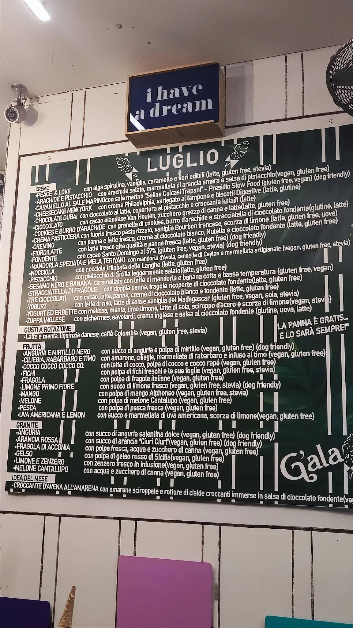 Menu di G'ala Gelateria Lissone 