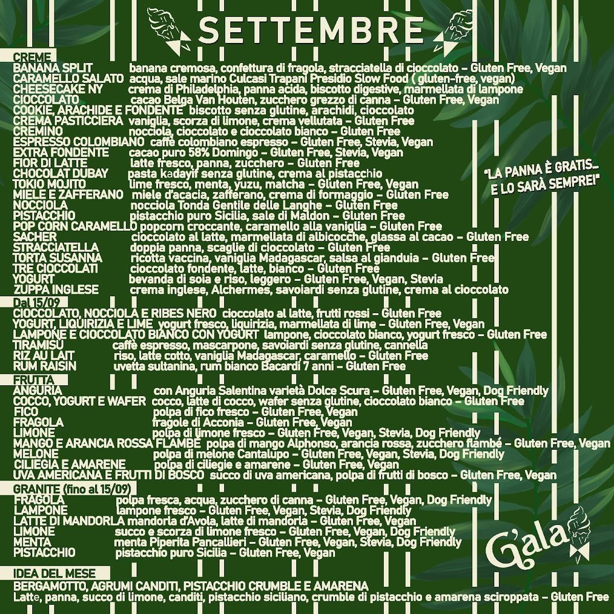 Menu di G'ala Gelateria Lissone 