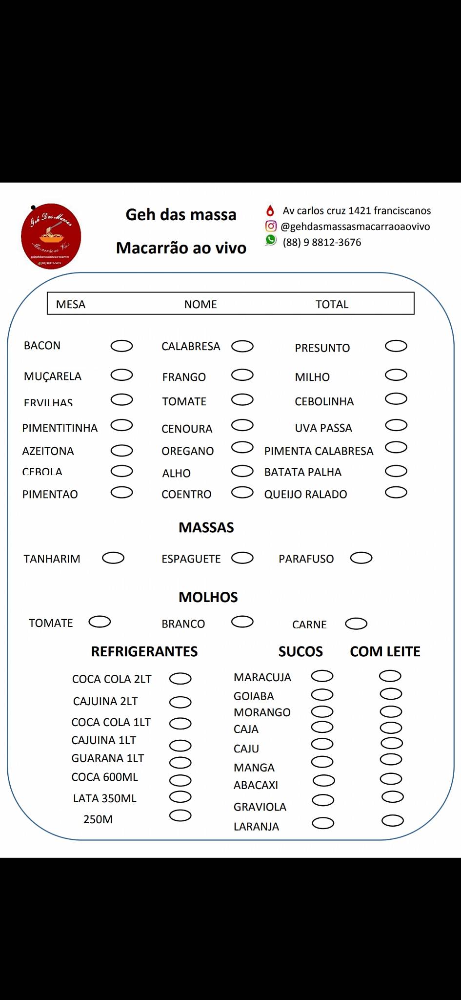 Geh das massas macarrão ao vivo cardápio