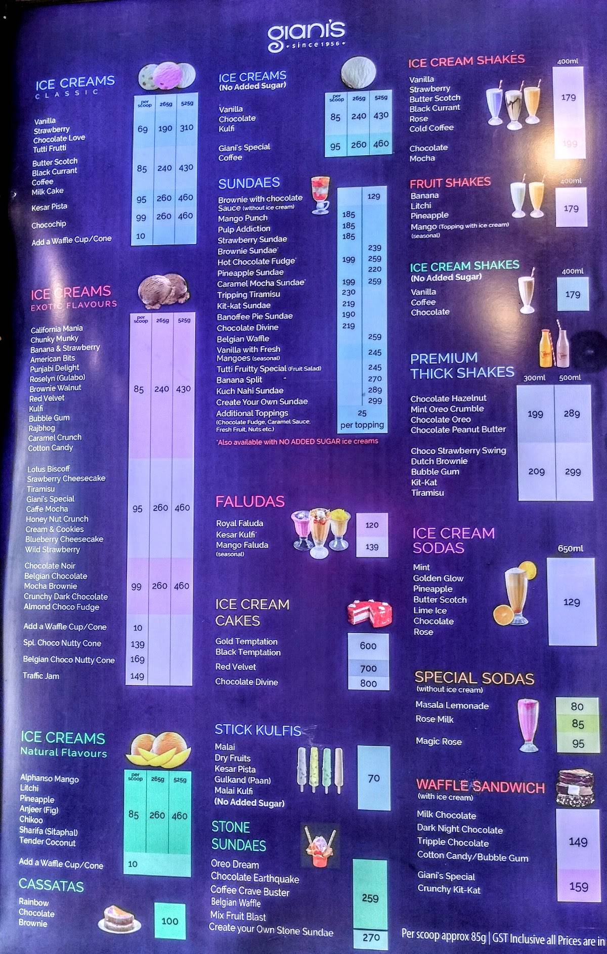 Giani's Ice Cream menu