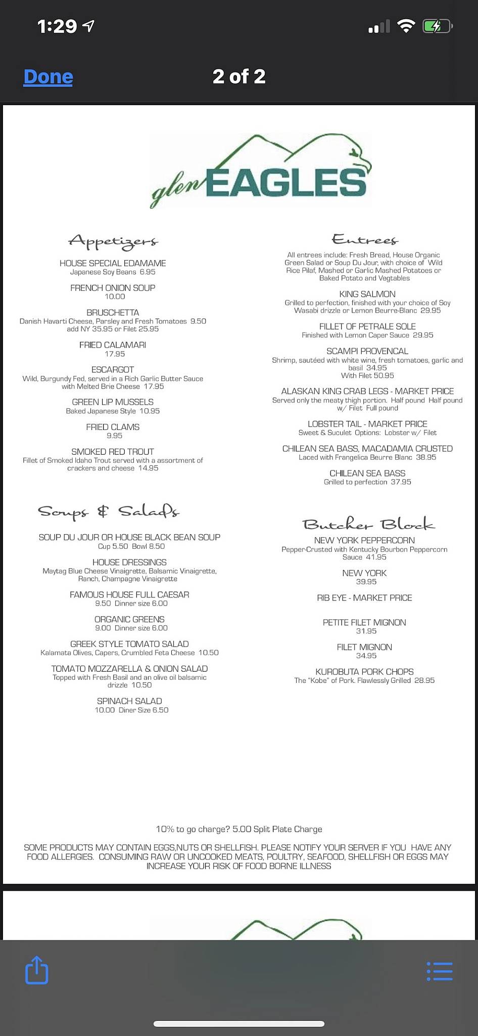 Menu at Glen Eagles steakhouse, Carson City