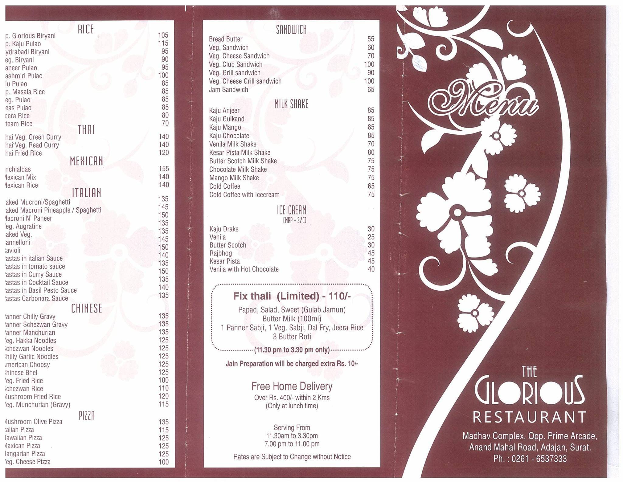 Glorious Restaurant menu
