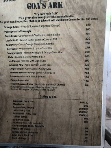 Goa's Ark Restaurant menu