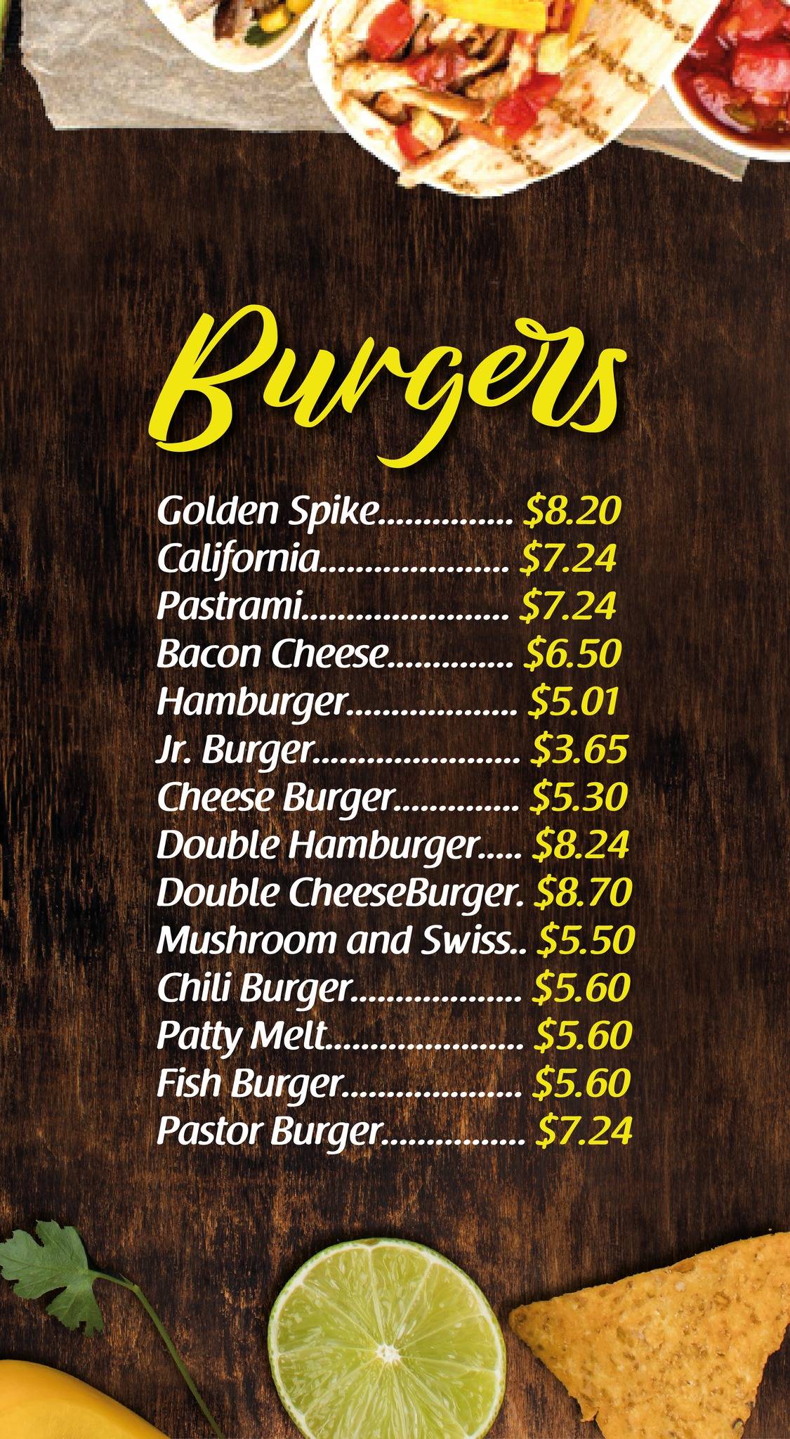 Menu at Golden Spike Burgers fast food, Garland