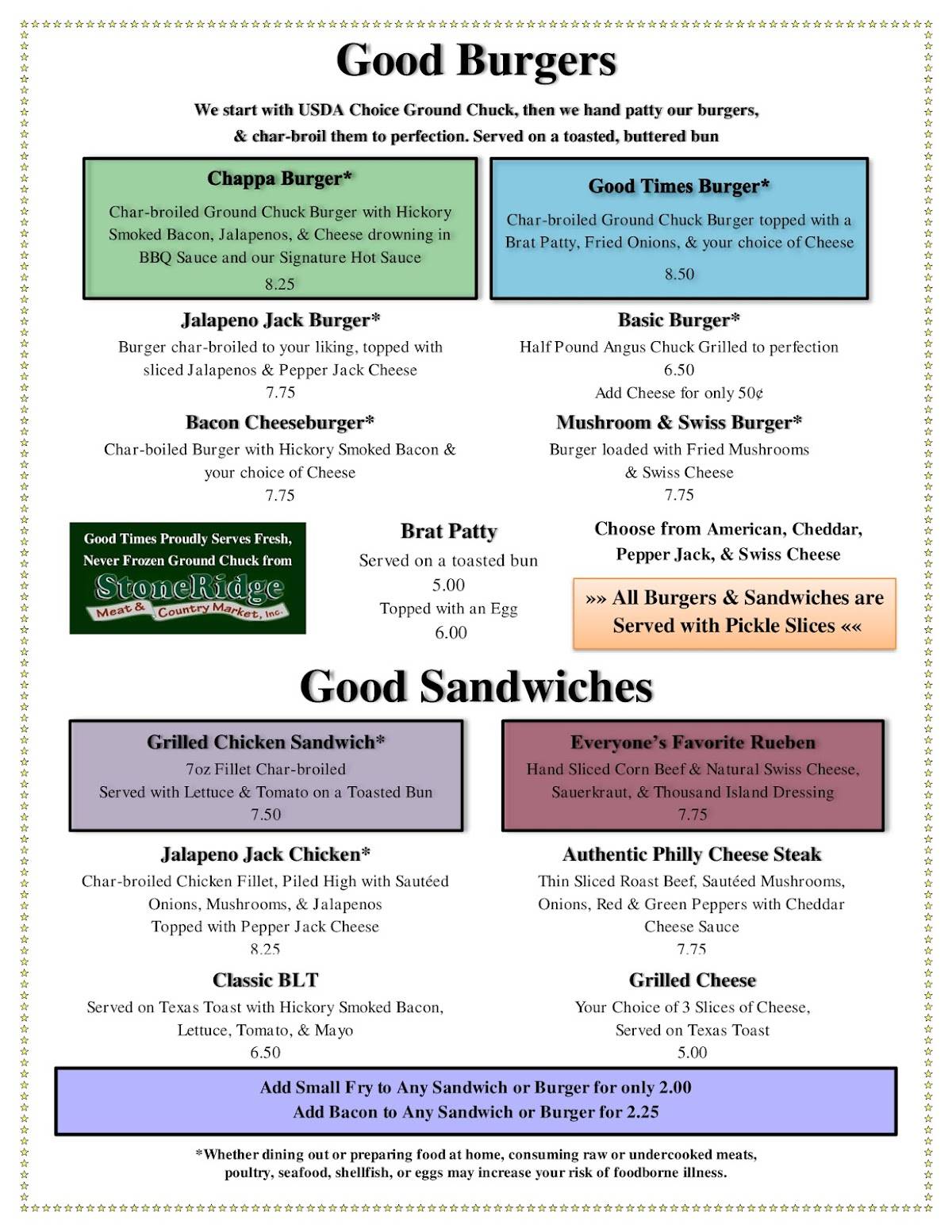 Menu at Good Times Bar & Grill, Redgranite