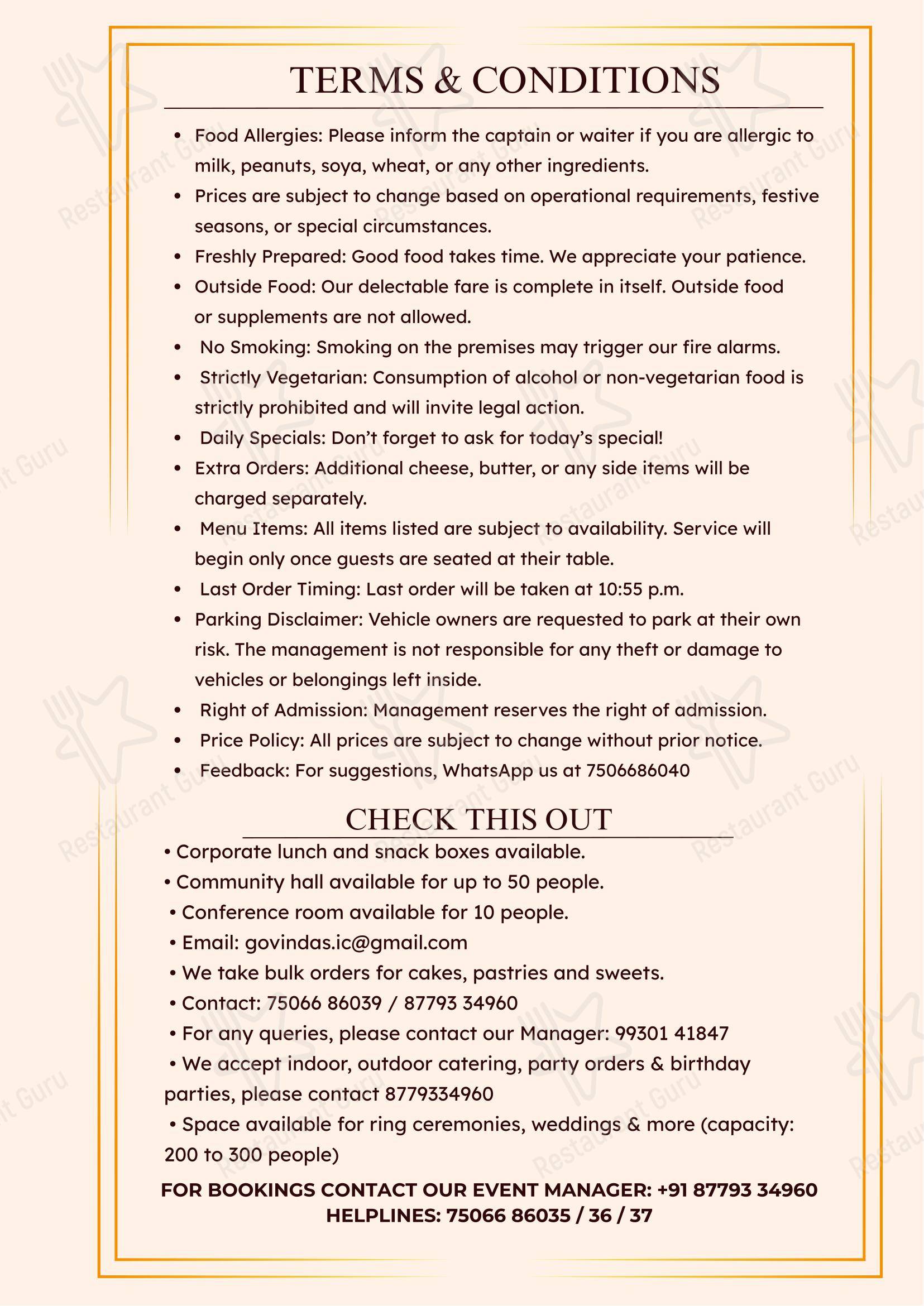 Govindas International- The Higher Taste - Menu