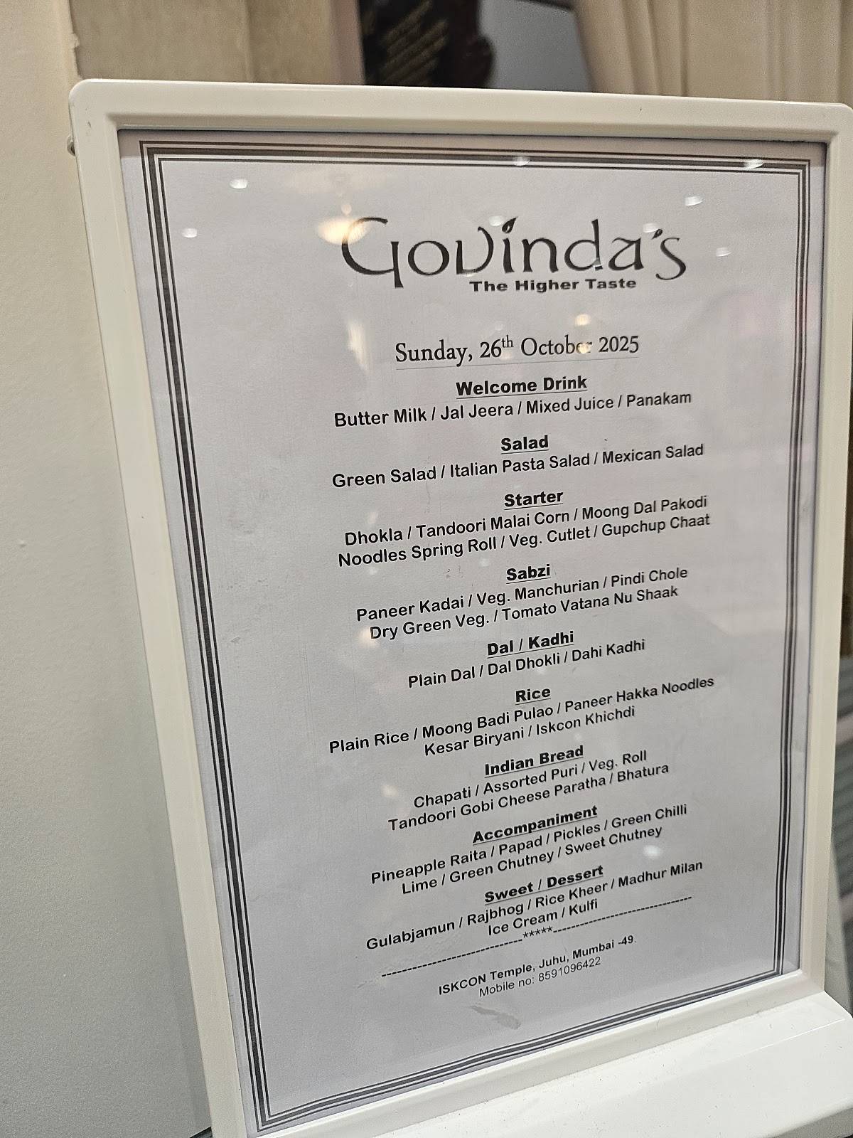 Govinda's Restaurant menu