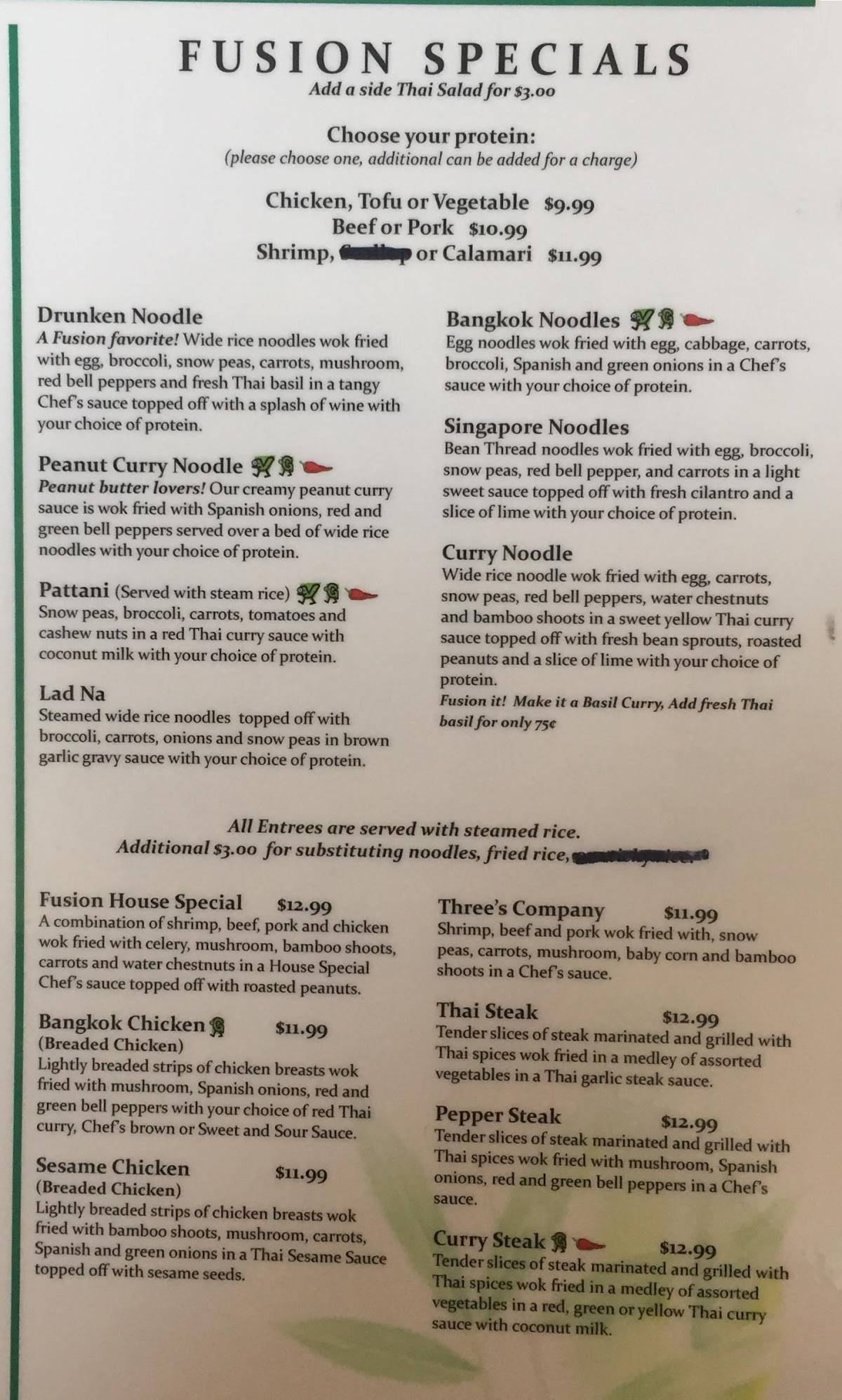 Menu at Thai Fusion restaurant, Kentwood, Broadmoor Ave SE