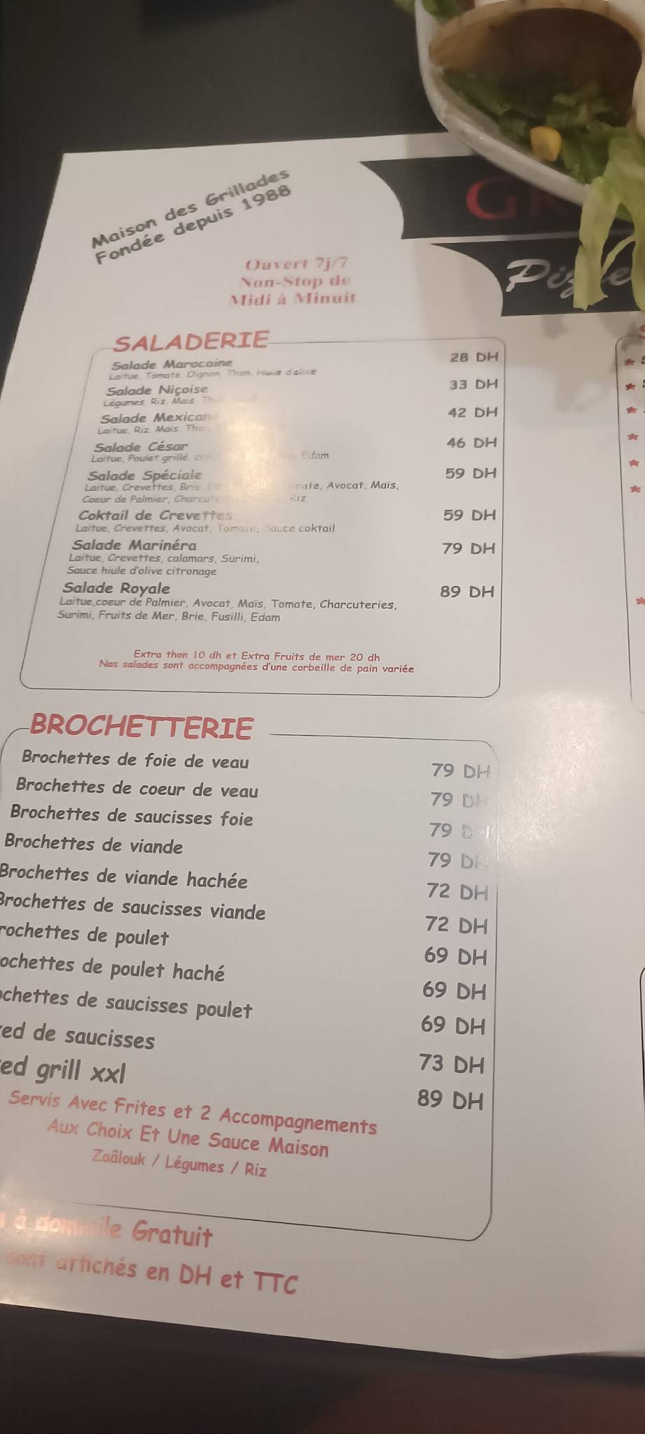 Menu de Grillade Adil