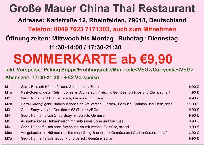 Menu de Große Mauer China Restaurant - Rheinfelden (Baden)