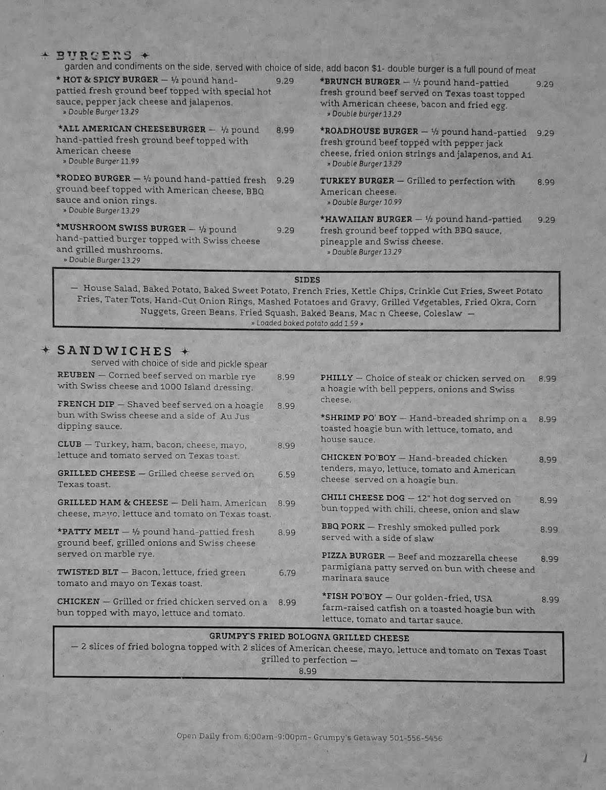 Menu at Grumpy's Getaway restaurant, Rose Bud, 442 AR5