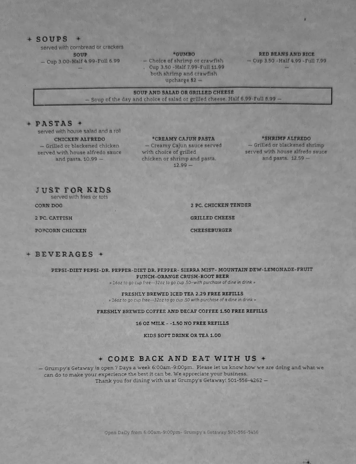Menu at Grumpy's Getaway restaurant, Rose Bud, 442 AR5