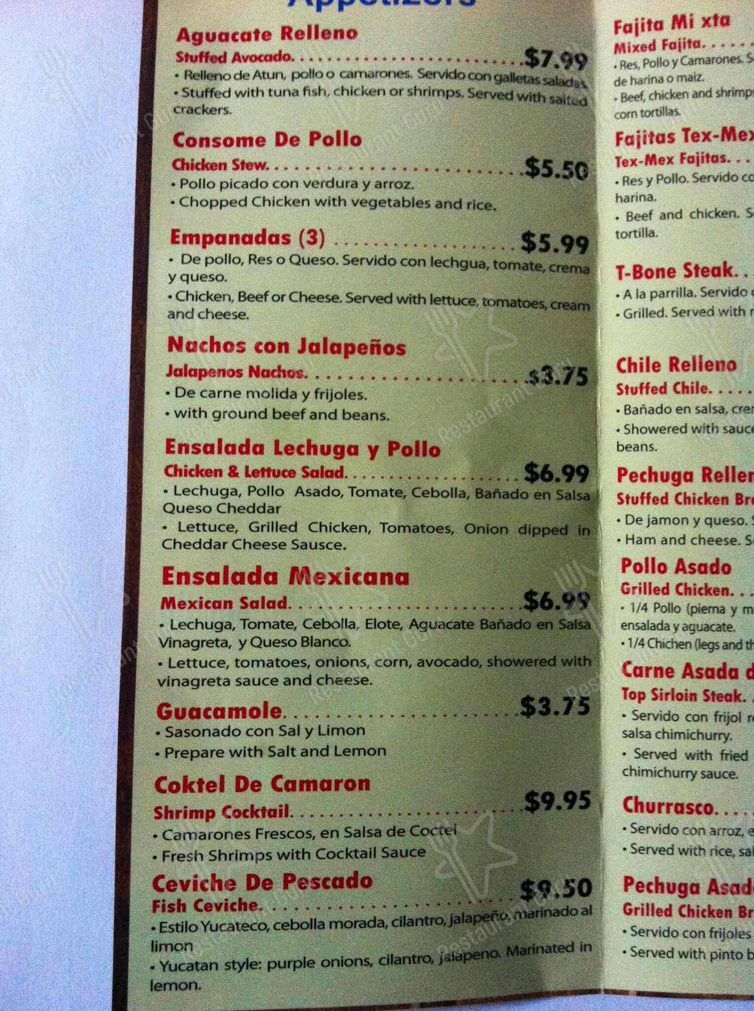 Guatemex Restaurant menu