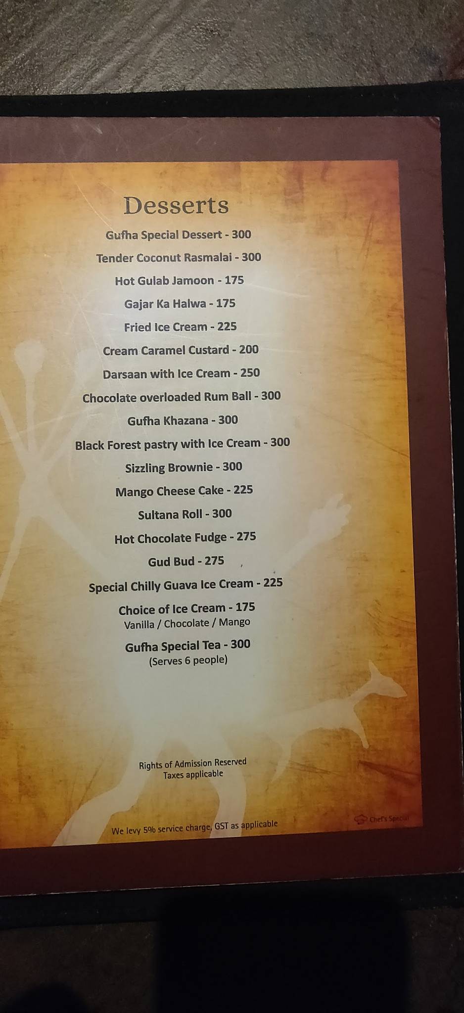 Gufha Restaurant, Kumarapark menu