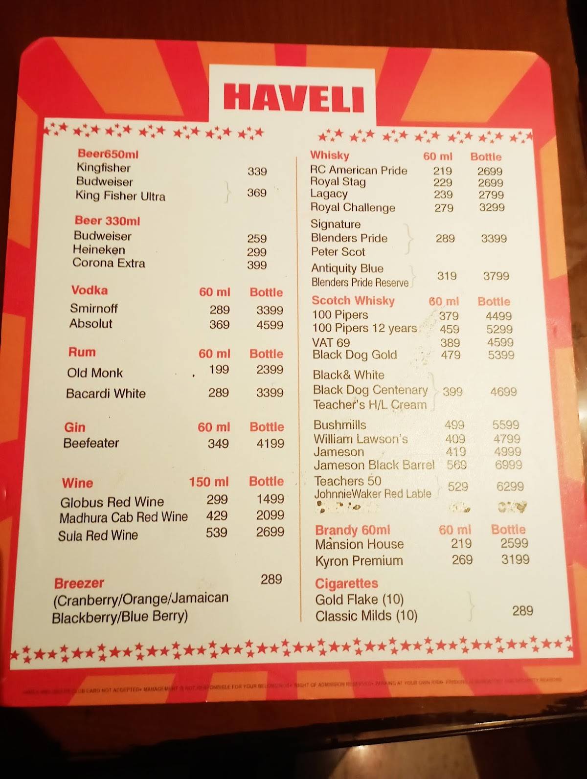 Haveli Restaurant menu