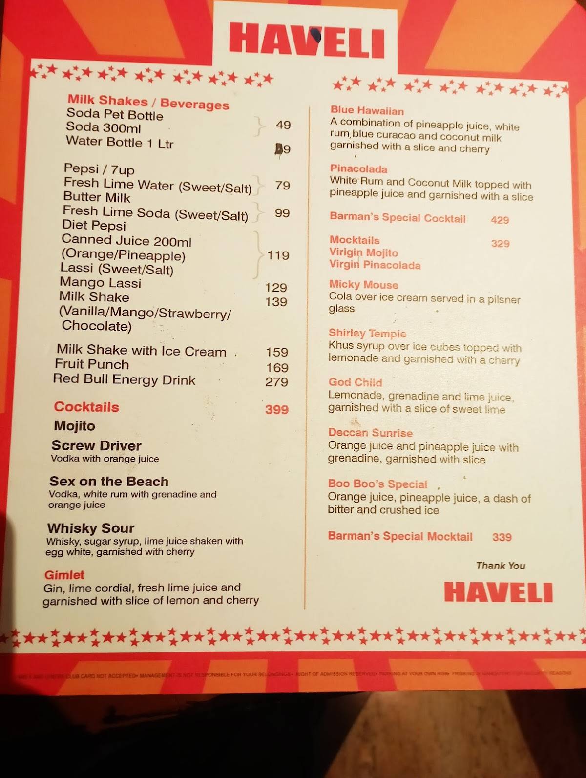 Haveli Restaurant menu