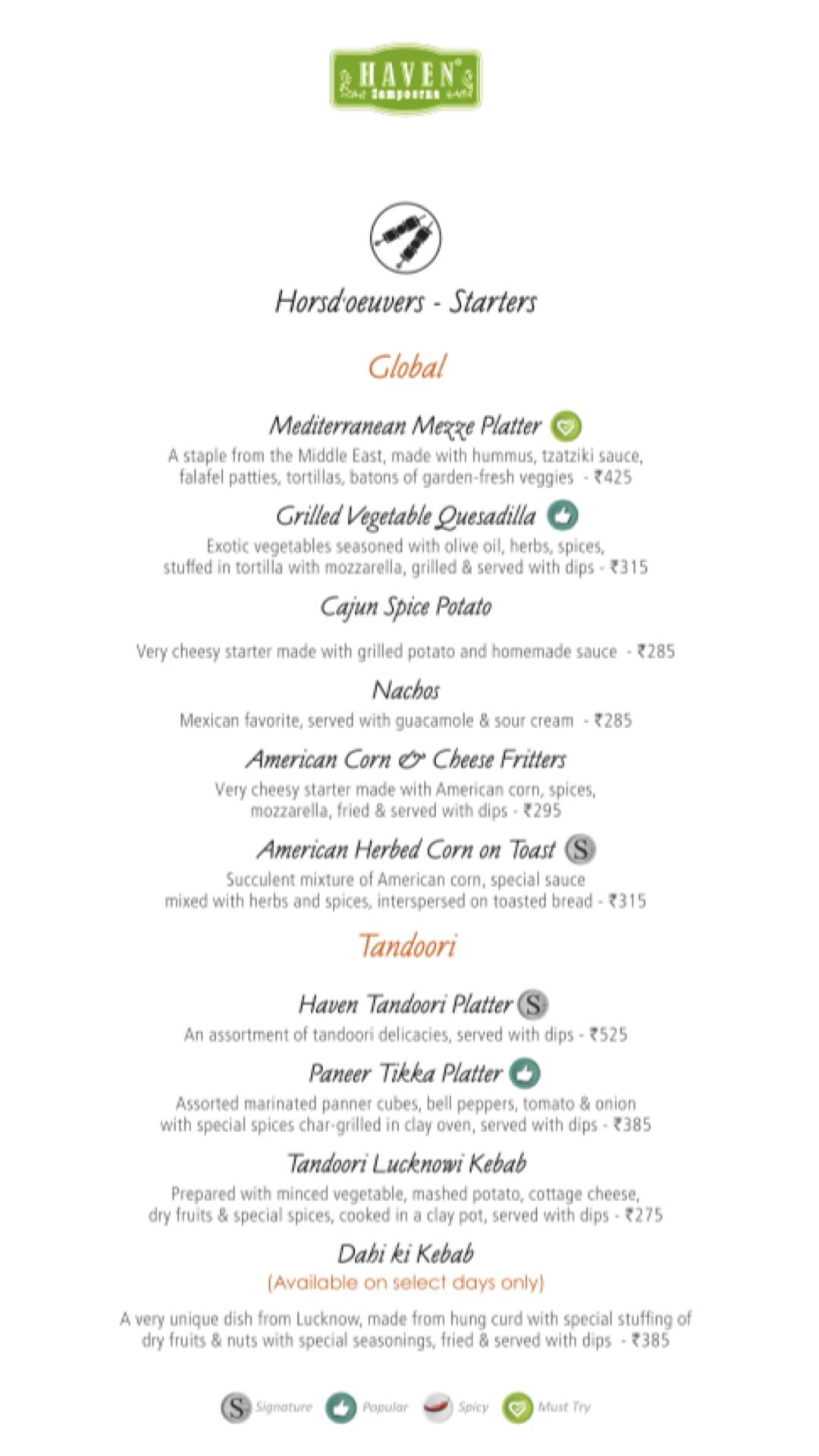 Haven Sampoorna - Vegetarian Restaurant menu