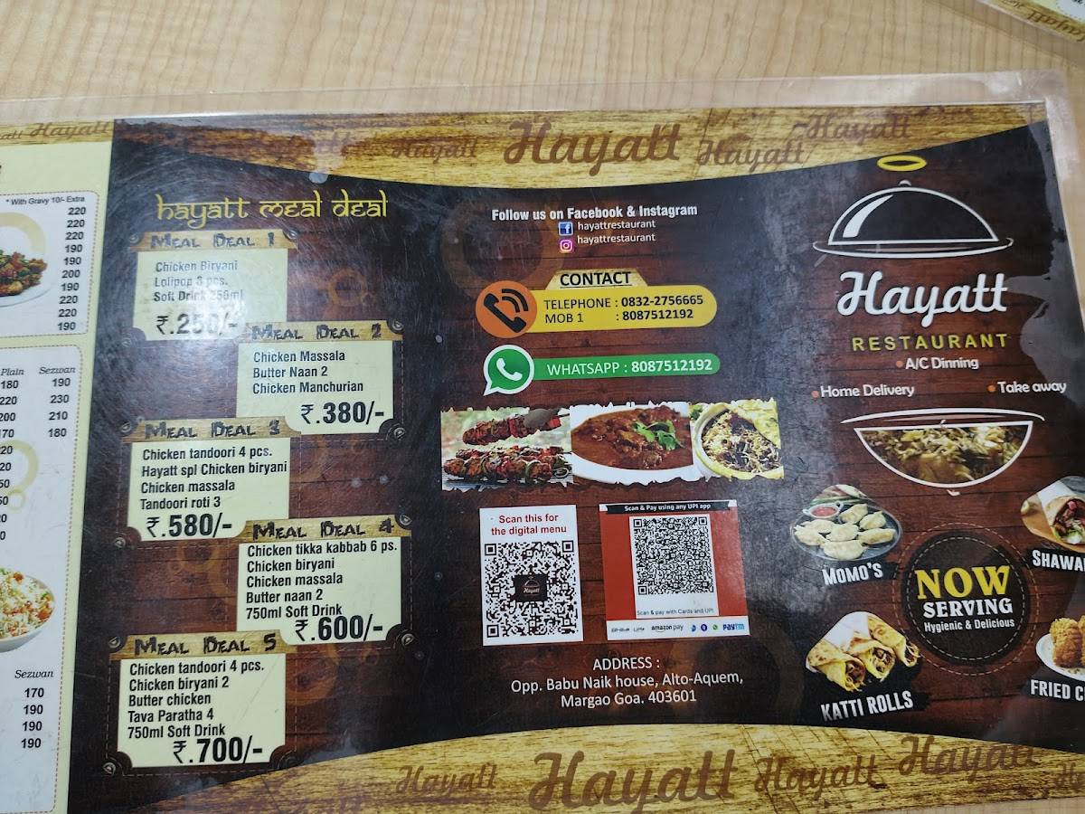 Hayatt Restaurant menu