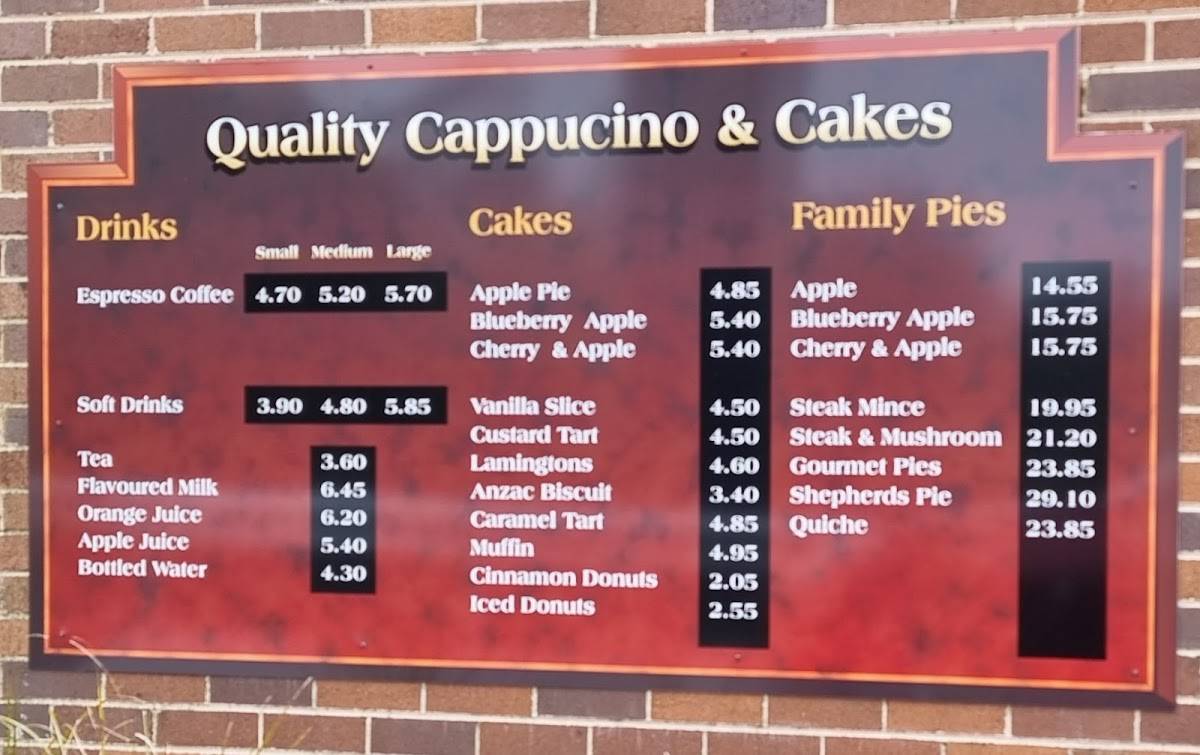 Menu at Heatherbrae's Pies restaurant, Ourimbah