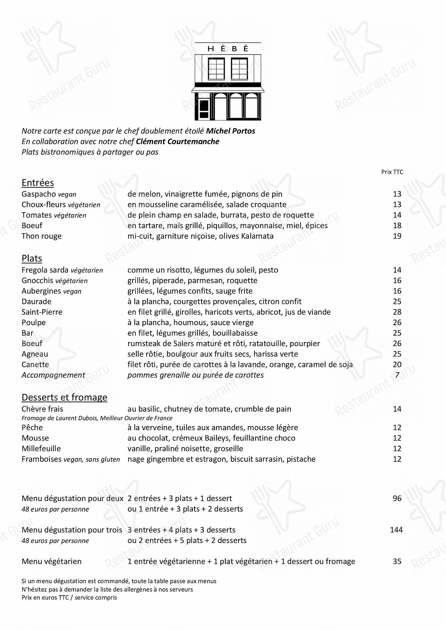 Dessert Menu pour HEBE restaurant - Paris restaurant