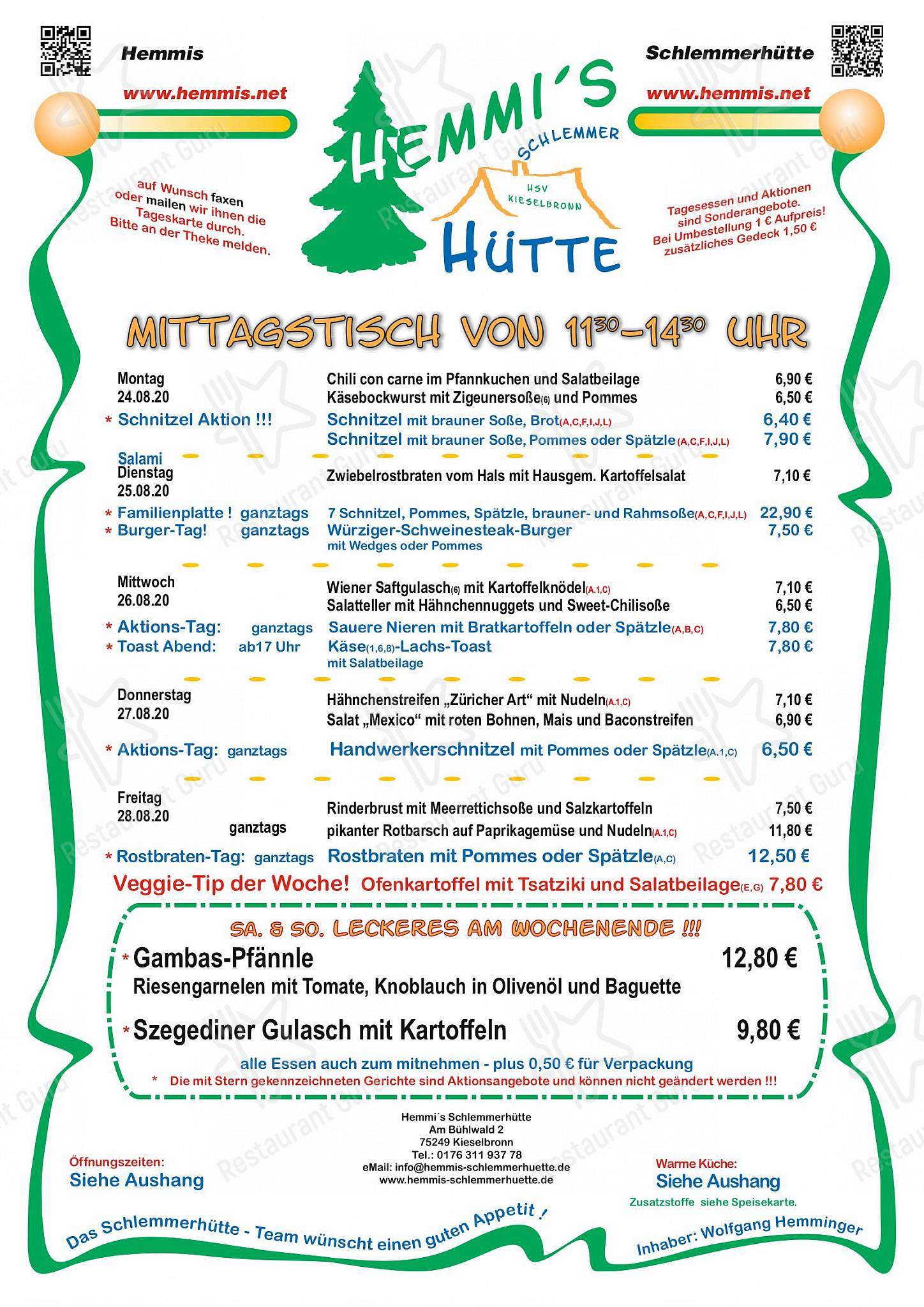 Speisekarte von Hemmi’s Schlemmerhütte restaurant, Kieselbronn