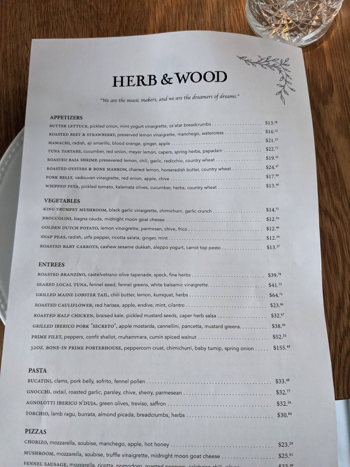 Menu at Herb & Wood restaurant, San Diego, Kettner Blvd