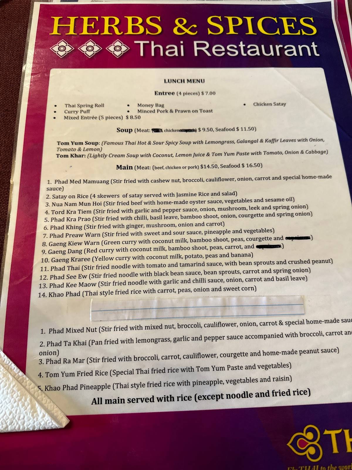 Menu at Herbs & Spice Thai Restaurant, Rotorua