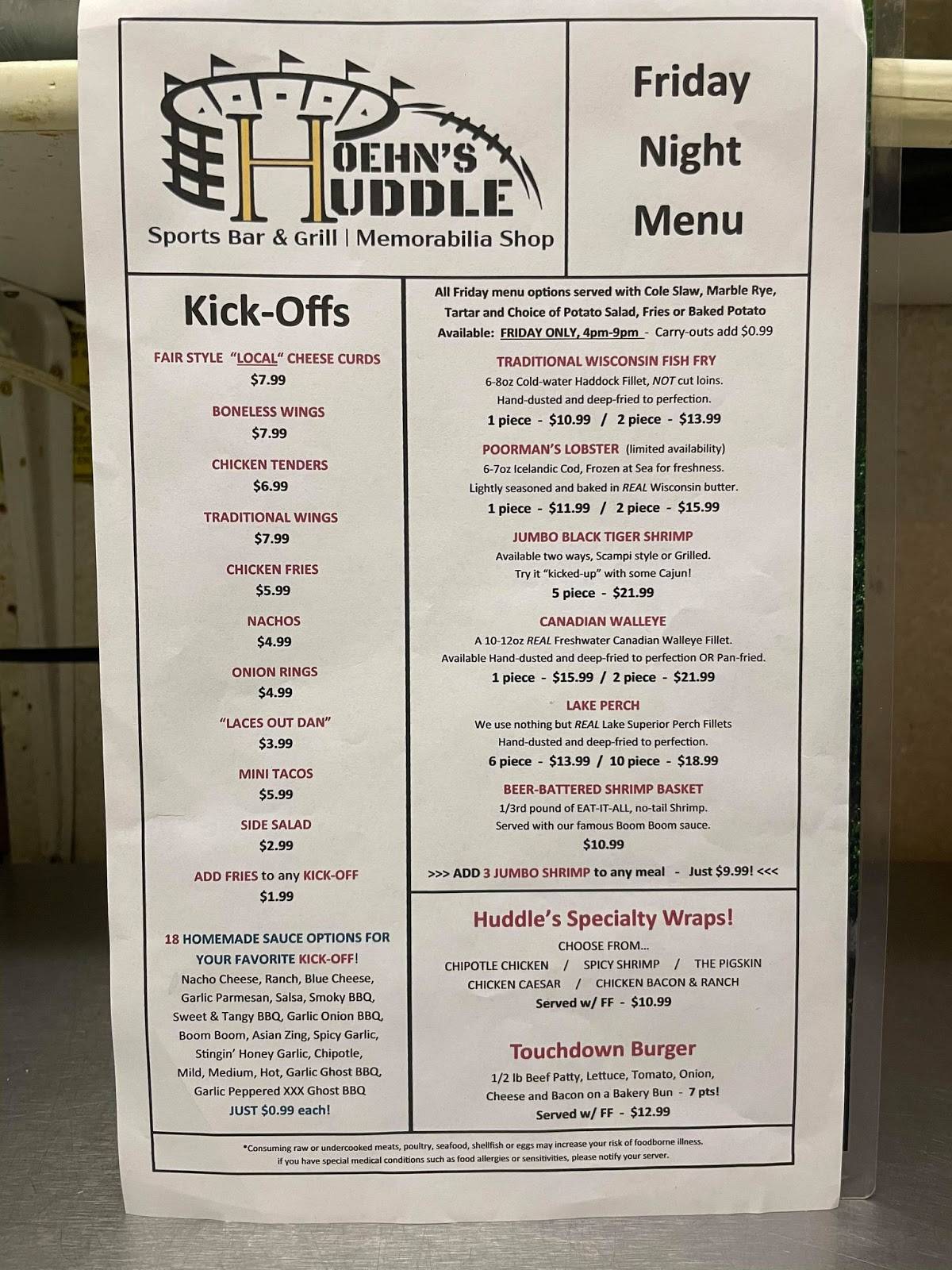 Menu at Hoehn's Huddle Sports Bar & Grill, Schofield