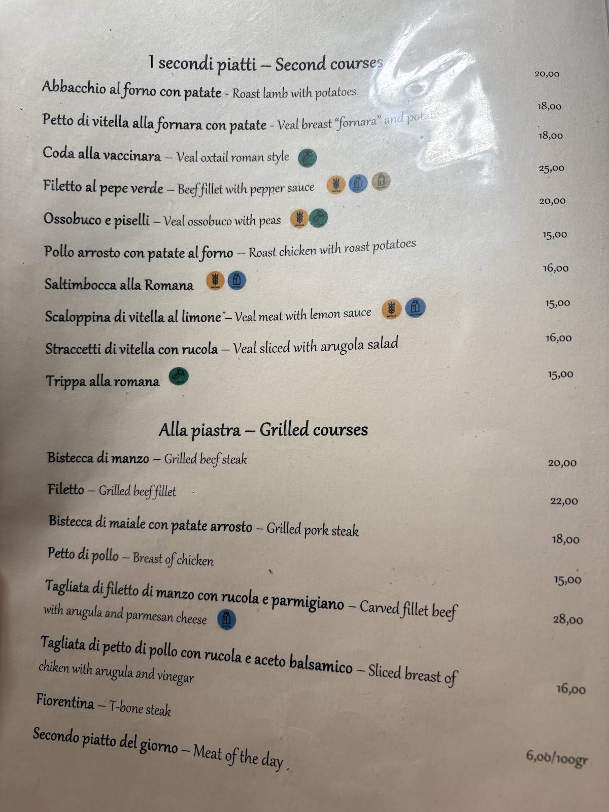 Menu de Hostaria de' Pastini