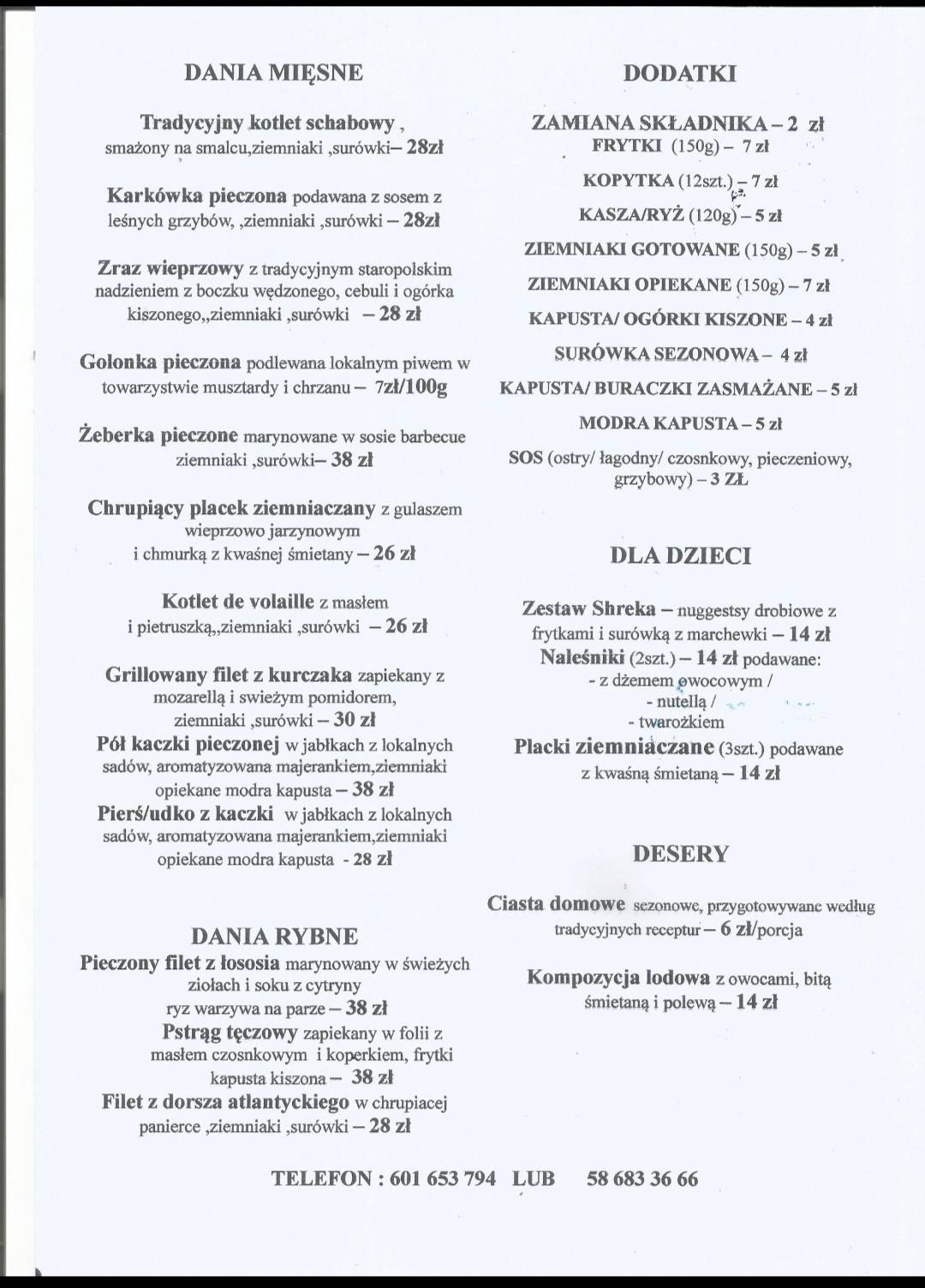 Menu at Hotel Bartnik, Pszczółki
