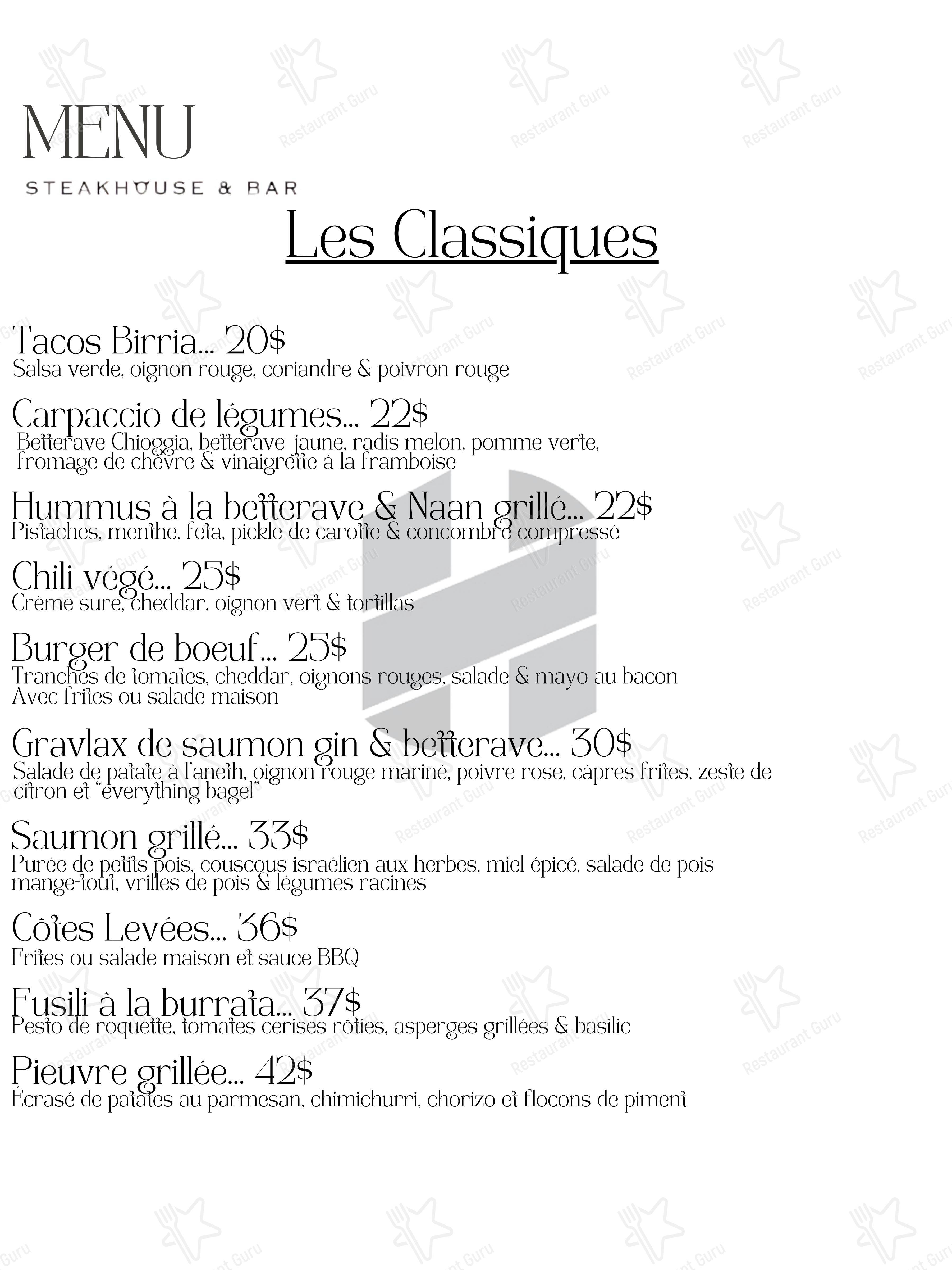 Menu pour Hotel de la Rive Steakhouse & Bar restaurant