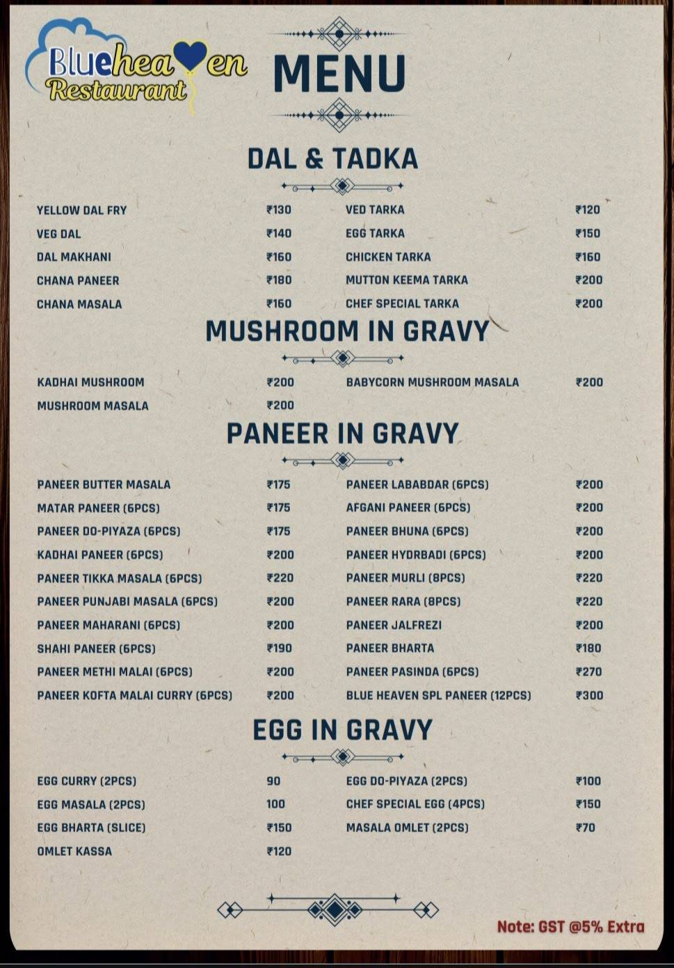 Blue Heaven Restaurant menu
