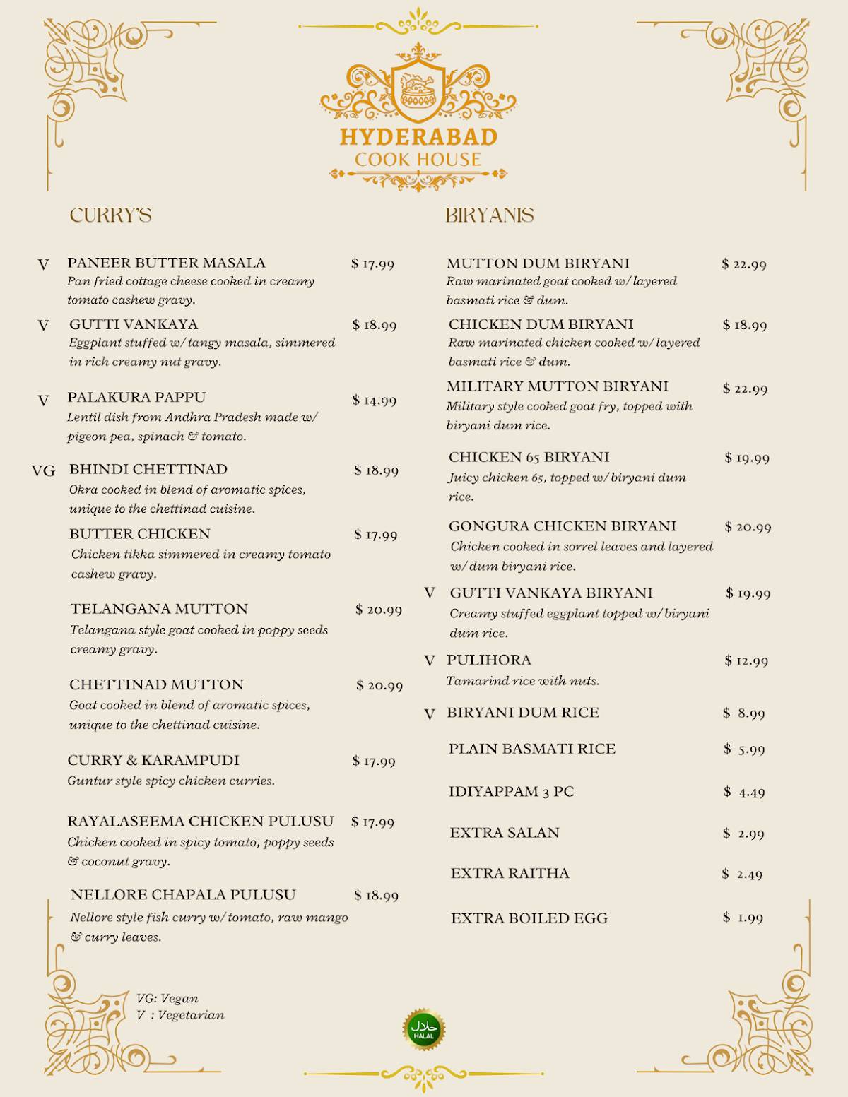 Menu at Hyderabad Cook House restaurant, Edmonton