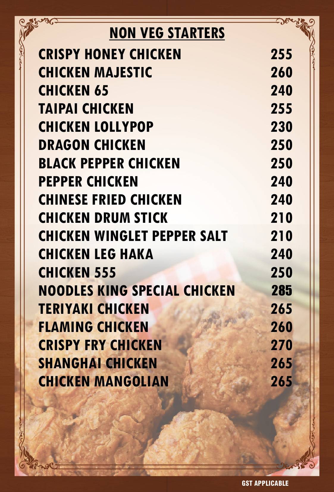 Noodle King menu