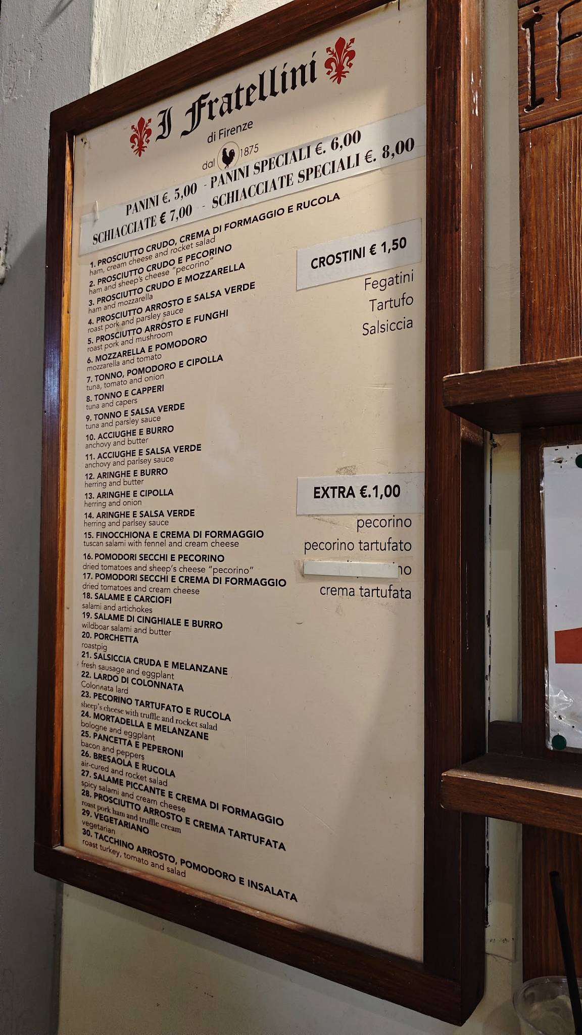 Menu di I Fratellini | Panini e Schiacciate dal 1875 