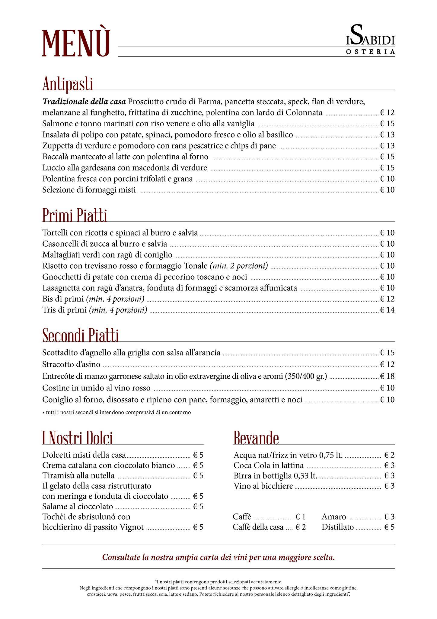 Menu di I Sabidi 