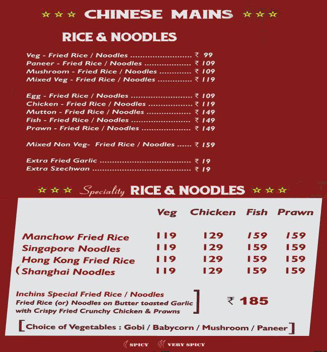 INCHINS Restaurant menu