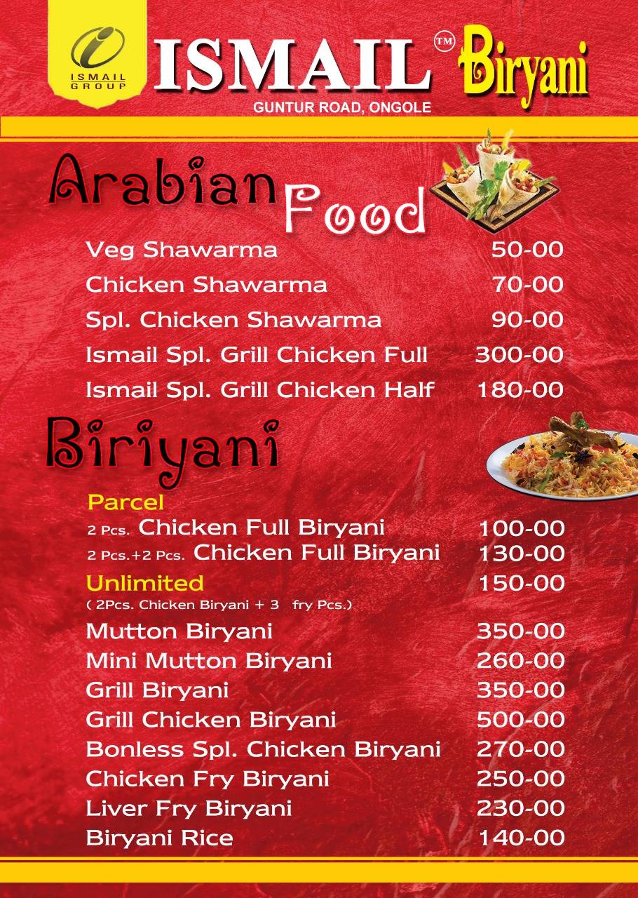 Menu at Ismail Biryani, Ongole, Guntur Rd