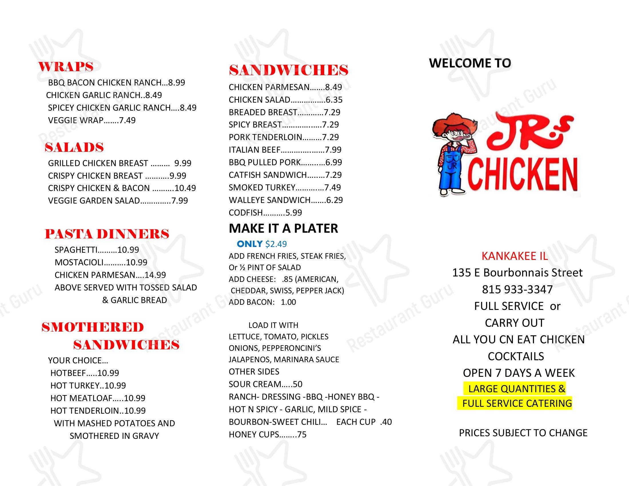 Menu at JR’S CHICKEN restaurant, Kankakee, 135 E Bourbonnais St
