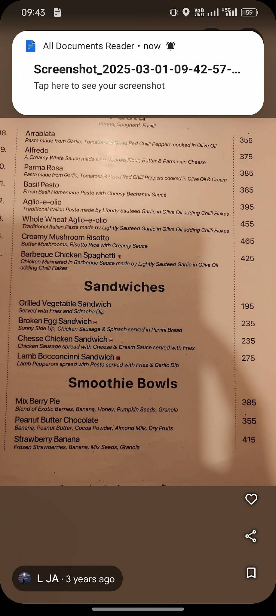Napoli Jaipur menu