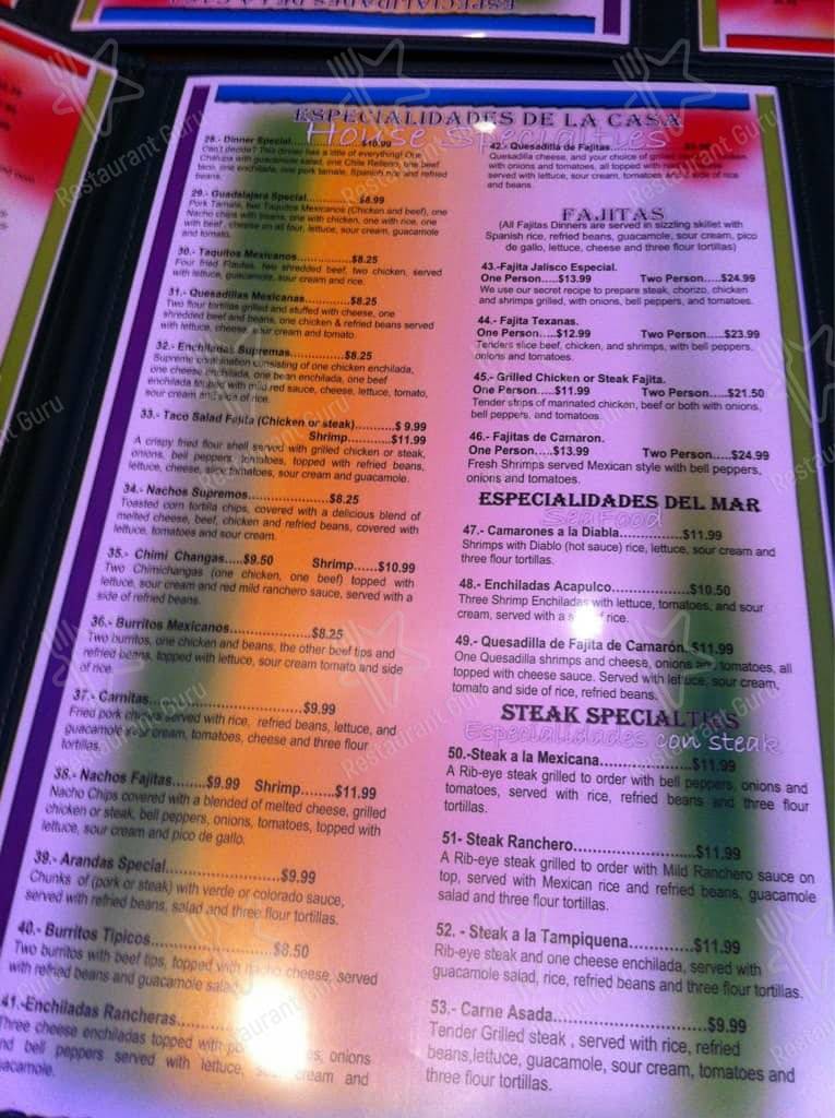 Menu at Jalisco's restaurant, Salem