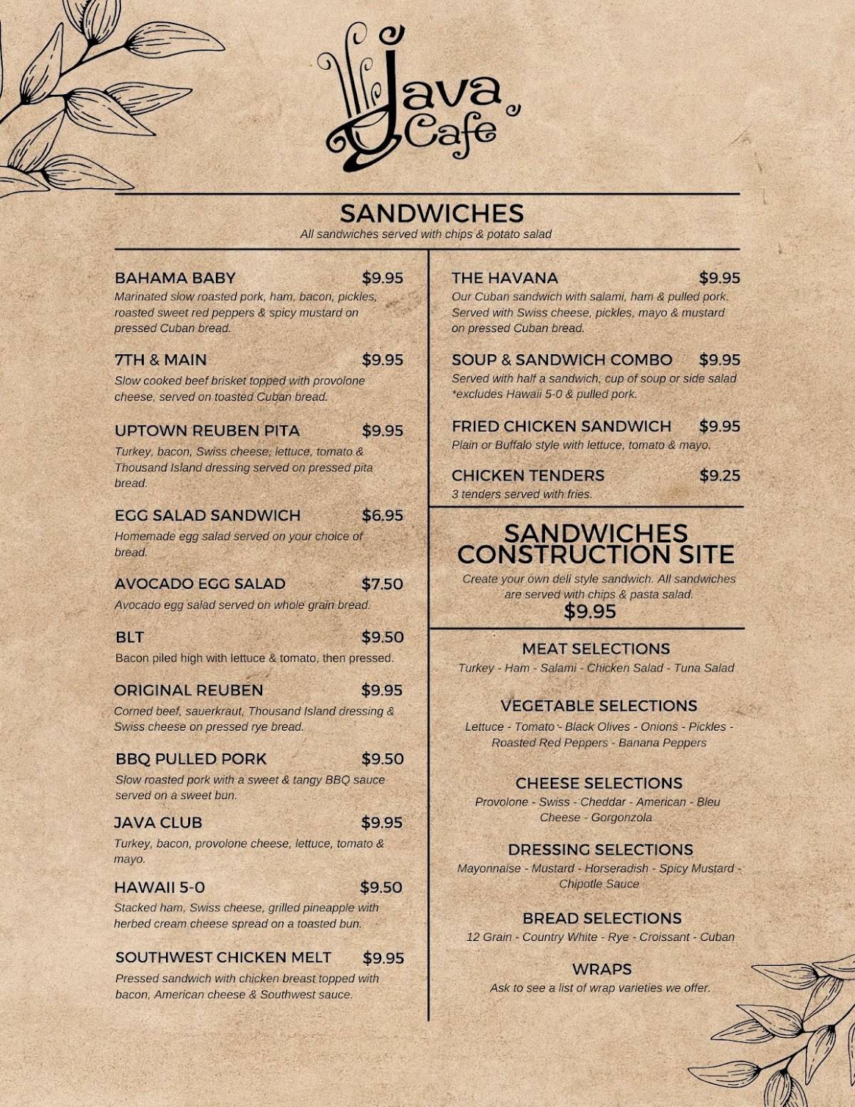 Menu at Java Cafe, Wauchula