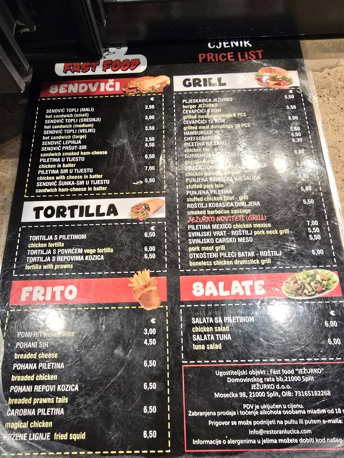 Menu di Ježurko Fast Food 