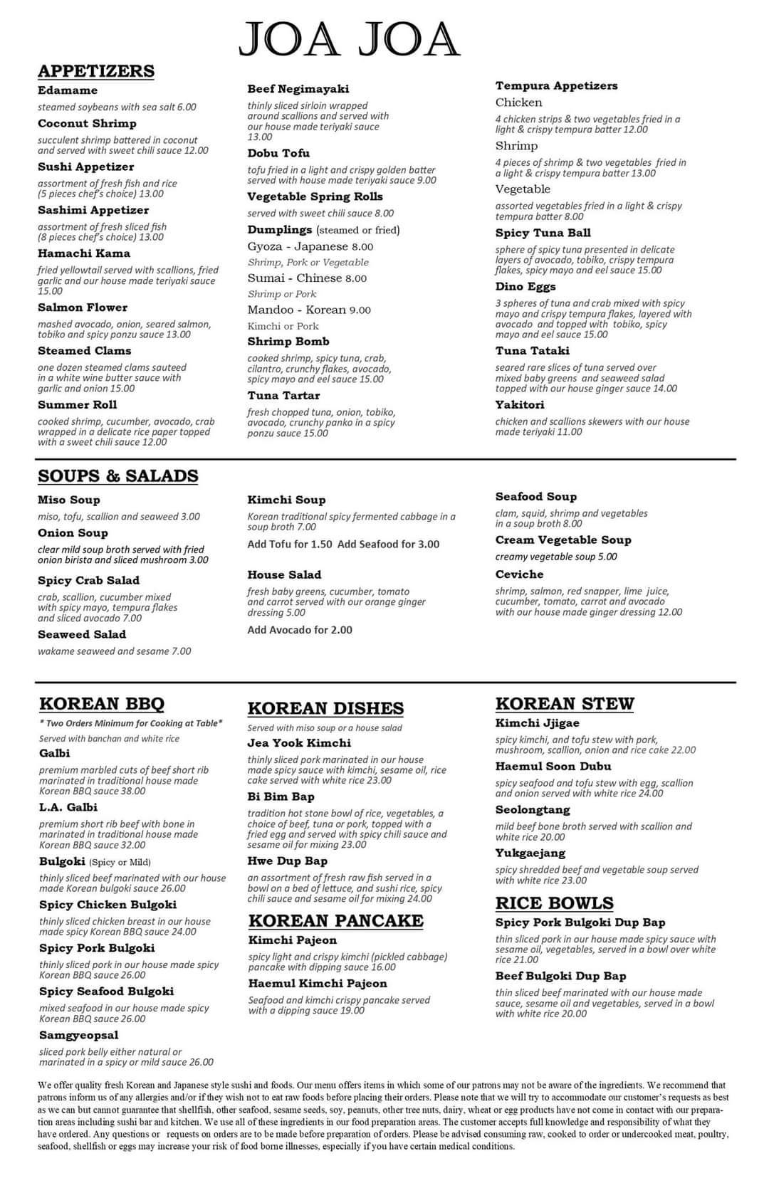 Menu at Joa Joa Sushi restaurant, Vails Gate