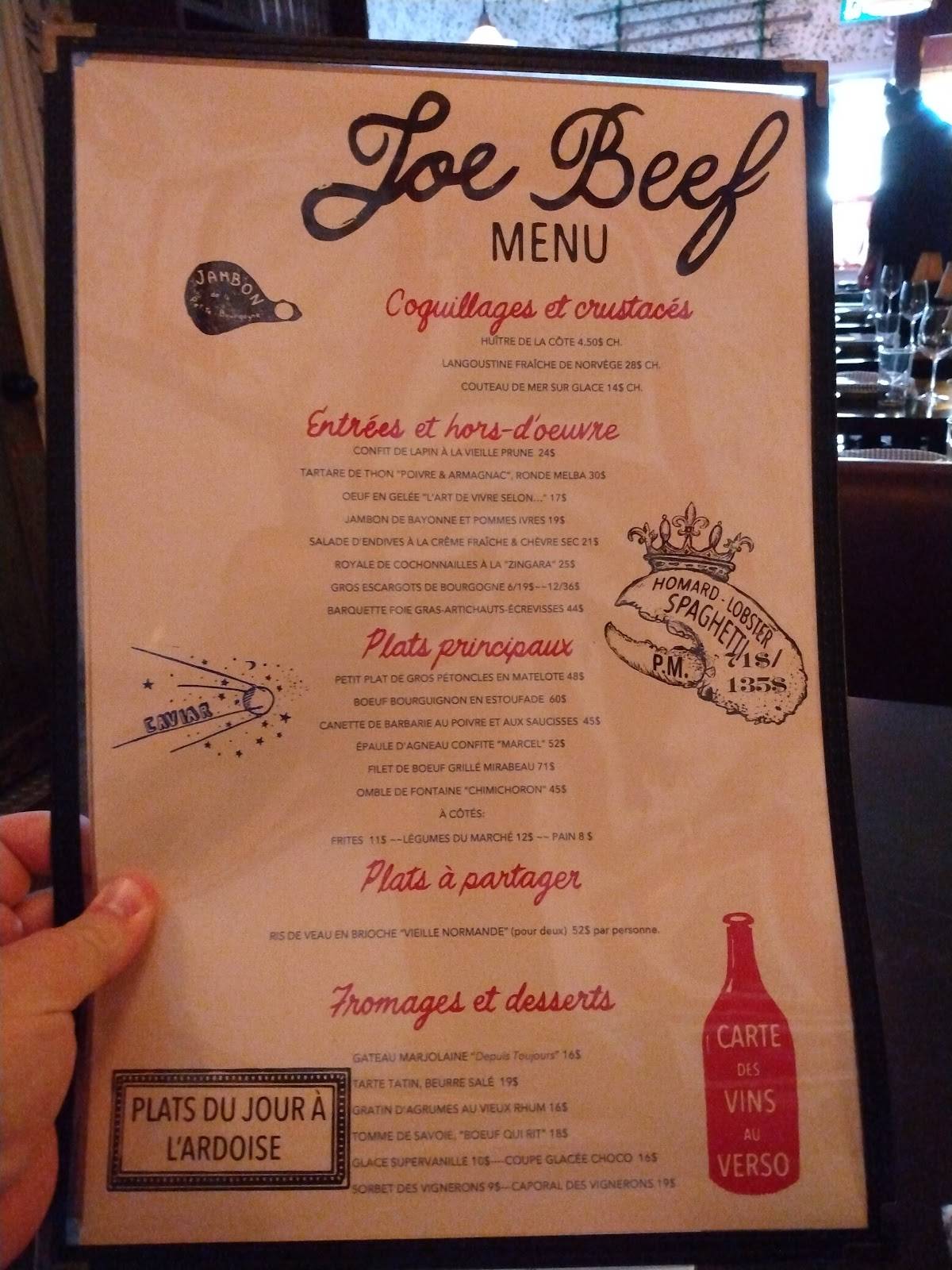 Menu at Joe Beef steakhouse, Montréal